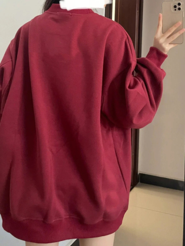 Official picture of American retro burgundy right shoulder sweatshirt for women, loose autumn and winter new style, simple and versatile BF style round neck top