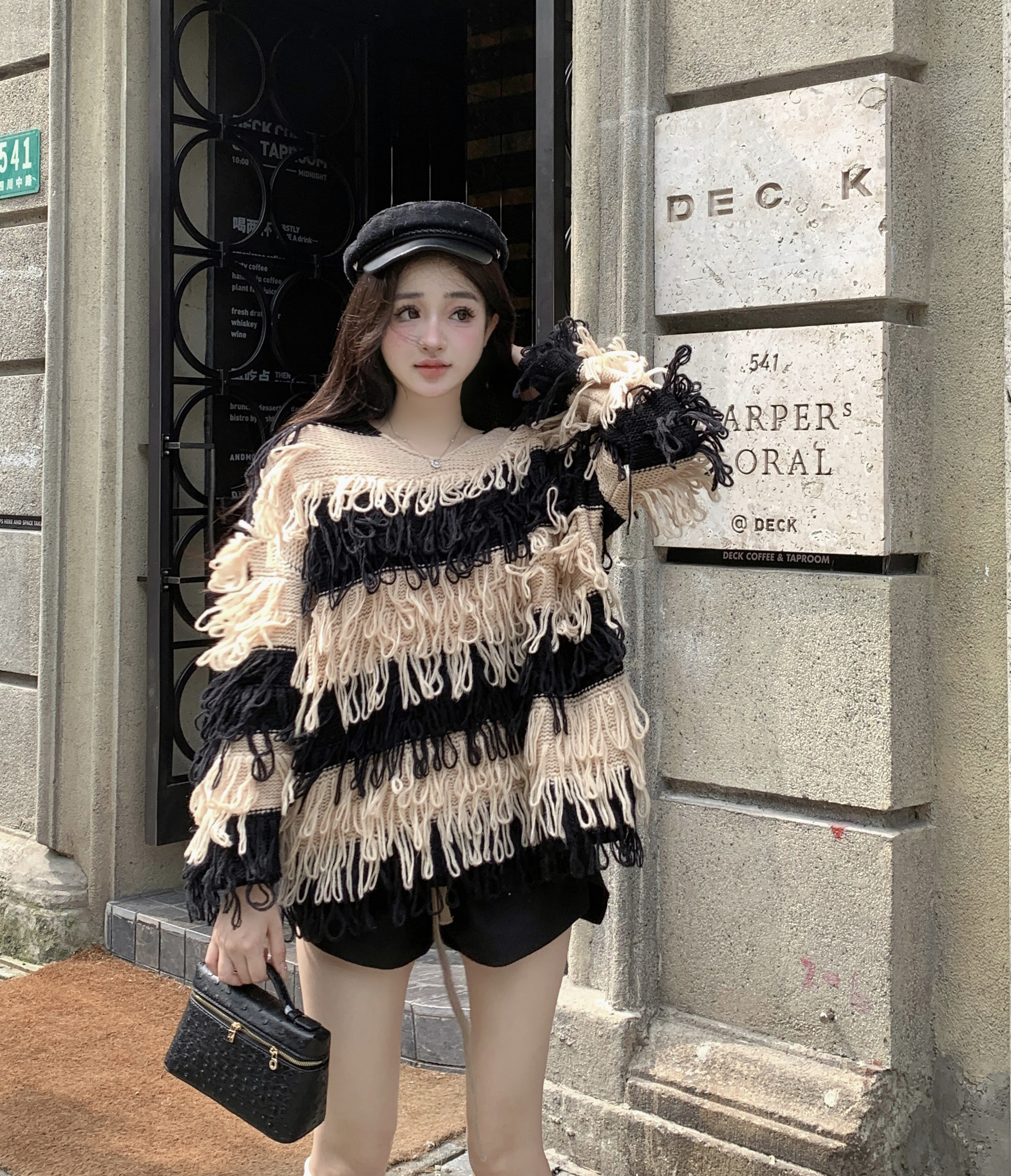 Actual shot of soft waxy striped V-neck tassel sweater for women, lazy style loose knitted sweater, long-sleeved top