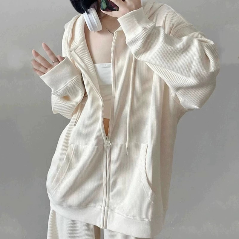 華夫格連帽衛衣女春秋oversize薄款拉鏈開衫外套ins潮牌寬鬆上衣