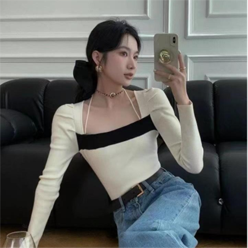 秋冬法式名媛風毛衣高級氣質拼色掛脖修身針織衫女裝打底衫