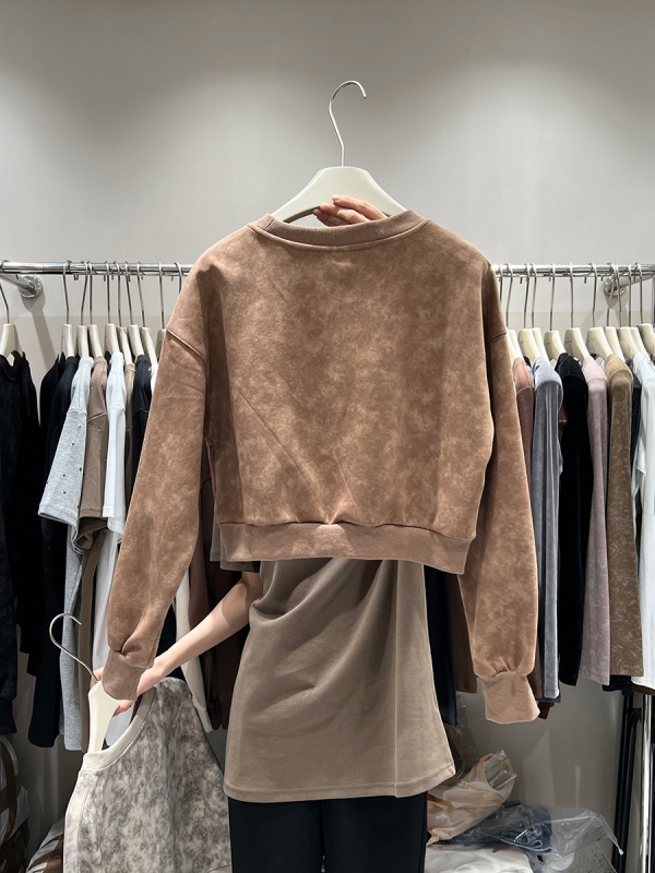 High-end western-style sweatshirt for women 2023 autumn and winter new round neck loose heavy embroidered Mickey short long-sleeved top