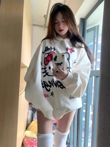 National trend oversize white hooded sweatshirt for women spring and autumn American Hello Kitty chic Hong Kong style retro lazy jacket