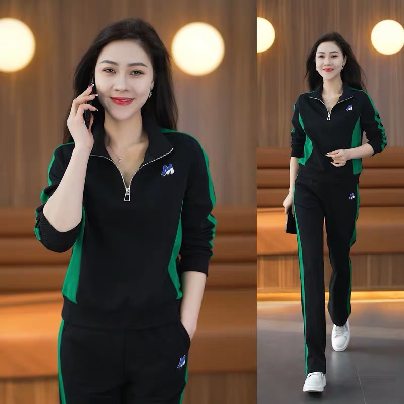 Casual sports suit for women spring and autumn 2023 new style fashionable and slim stand-up collar knitted wide-leg pants two-piece set