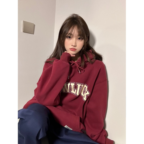 Official picture  new Korean version versatile design chic burgundy white pullover sweatshirt for women