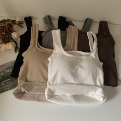 Real shot of autumn and winter simple solid color velvet thickened close-fitting inner wear with chest pad thermal vest bottoming shirt for women