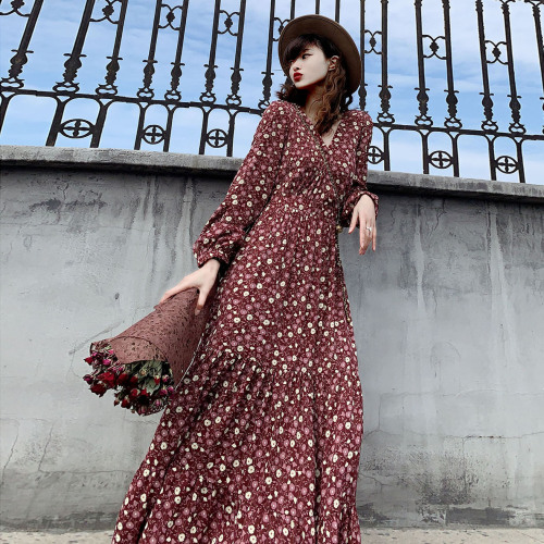 Dress for women mid-length long-sleeved spring dress floral chiffon hot mom new dress dress mid-length dress for women