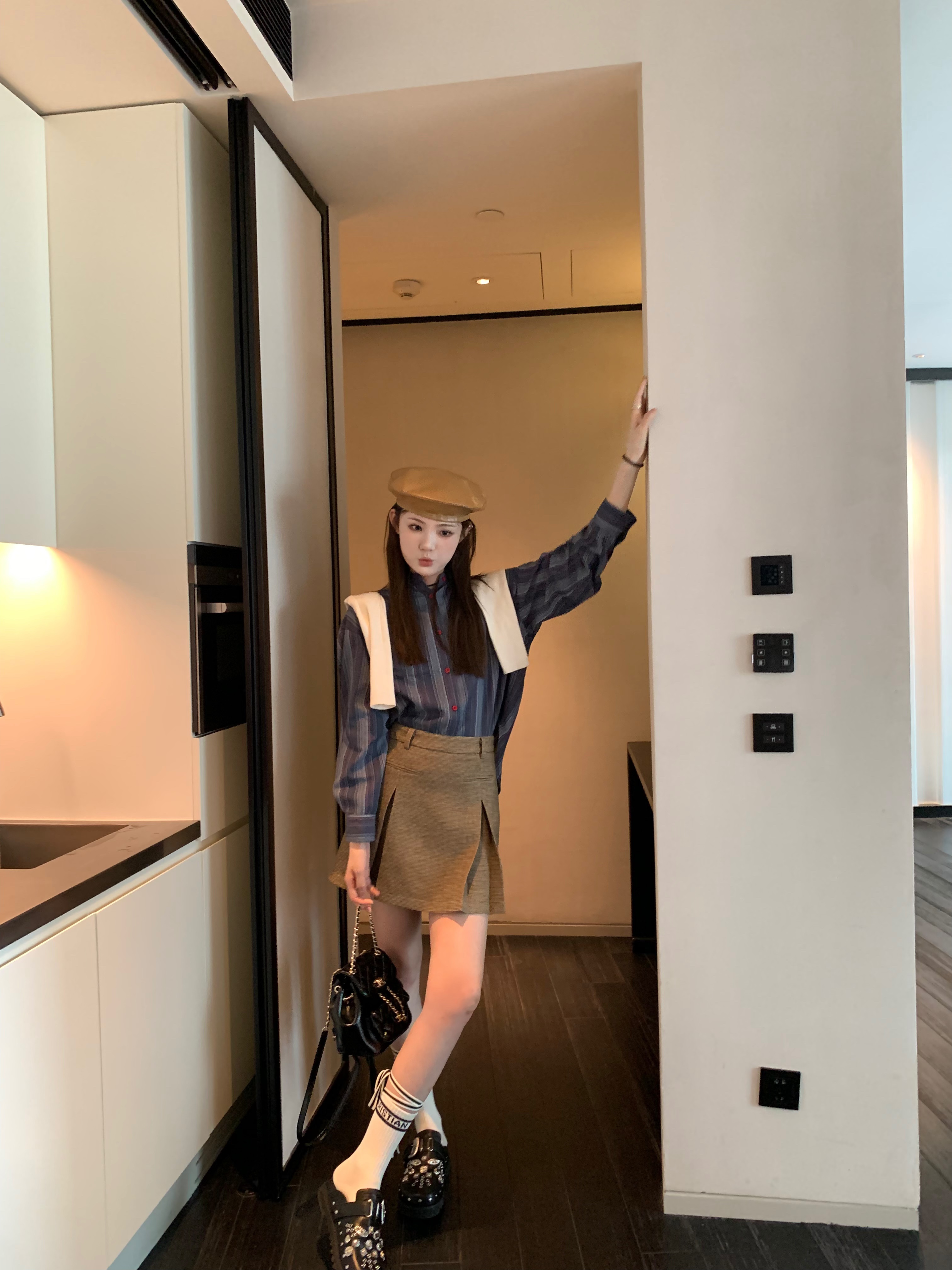 aaaaxbbb Seoul自習室條紋襯衫女藍色全棉長袖寬鬆高級感襯衣