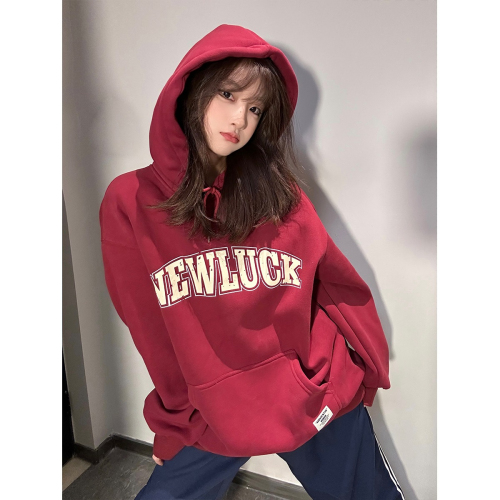 Official picture  new Korean version versatile design chic burgundy white pullover sweatshirt for women