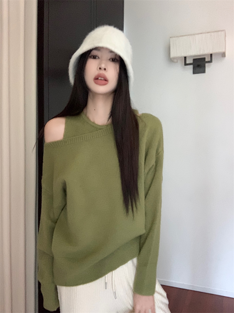 實拍 設計感小眾純色百搭套裝上衣一字領露肩毛衣