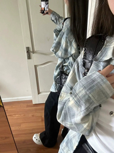 French blue plaid design niche long-sleeved shirt women's loose mid-length  spring and autumn couple's jacket