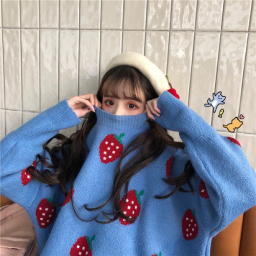 2023新款秋冬女裝韓版寬鬆慵懶風草莓厚實網紅套頭毛衣針織衫外套