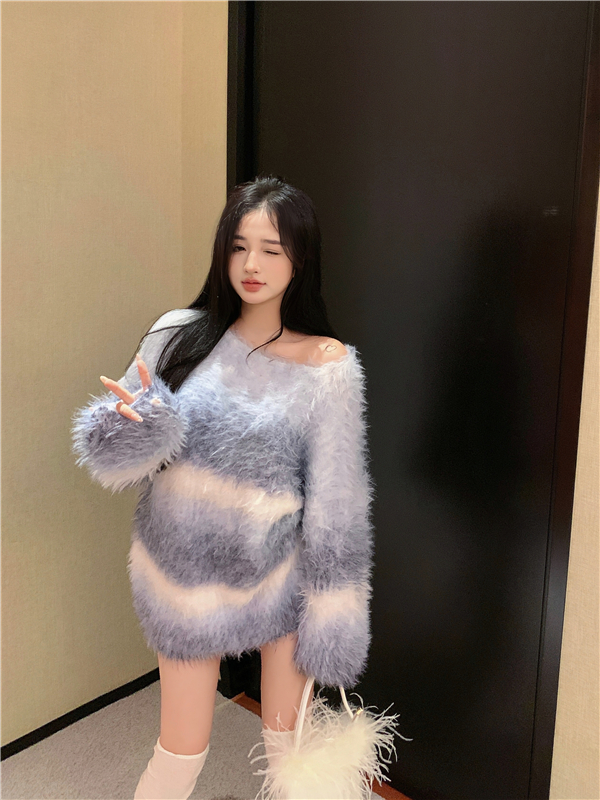 實拍  冬季新款慵懶風加厚寬鬆圓領條紋長袖大毛衣