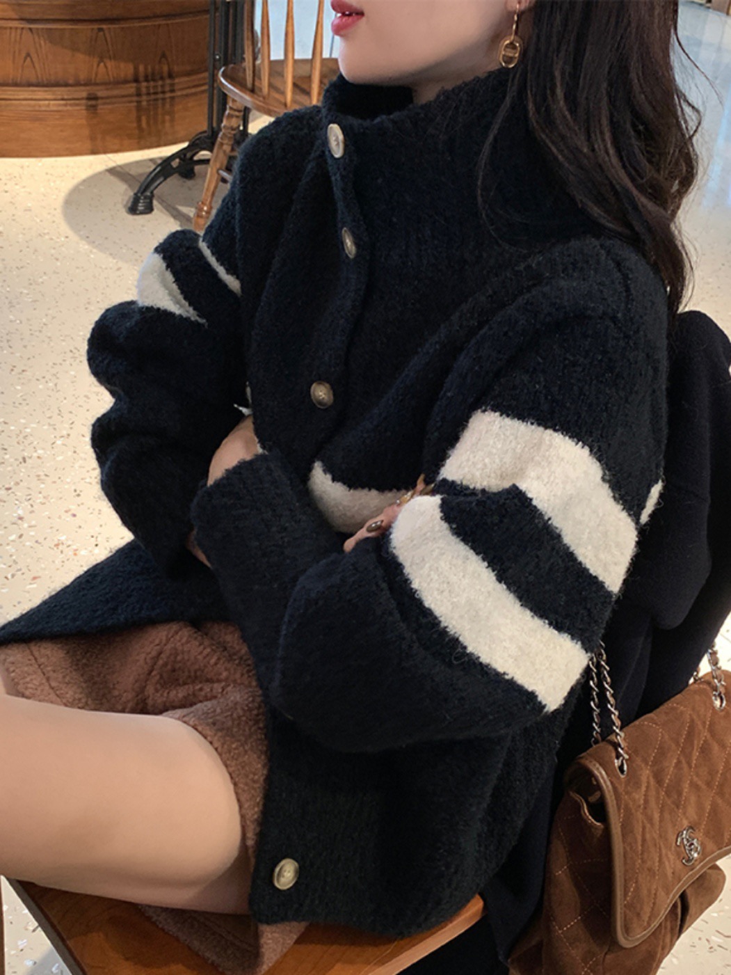 Wool thickened striped turtleneck sweater for women autumn and winter new versatile loose slim sweater soft waxy cardigan coat for women