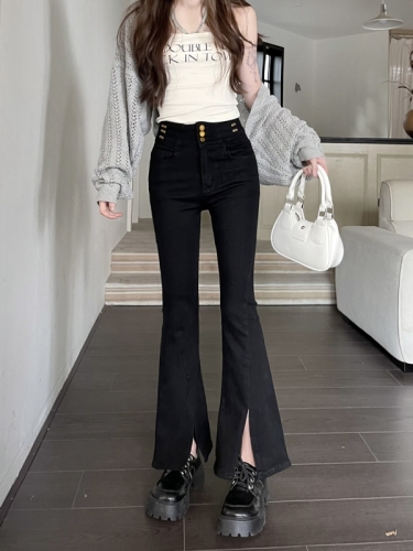 Actual shot #New high-waist stretch micro-flared denim trousers for women with design breasted slit pants