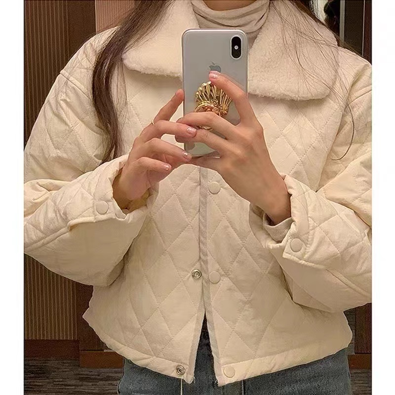 韓國chic秋冬氣質翻領單排扣寬鬆百搭長袖加絨保暖菱格外套女