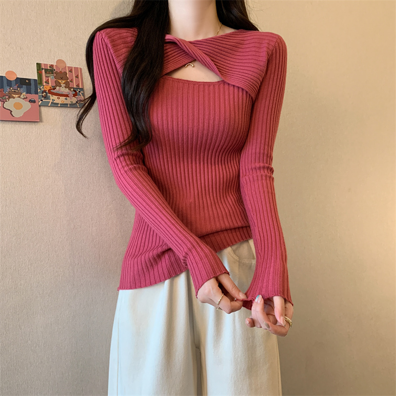針織打底衫女秋冬2023新款鏤空別致小眾內搭修身顯瘦毛衣長袖上衣