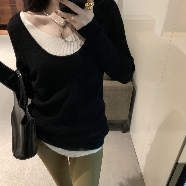 秋冬新款v領不規則針織衫假兩件女休閒內搭打底毛衣別致小眾上衣
