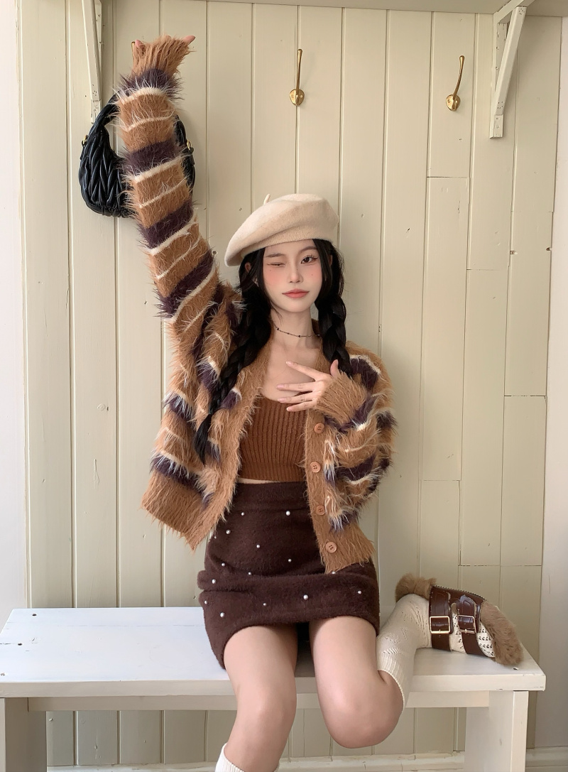 實拍 綿綿觸感小眾寬鬆慵懶感印花條紋毛絨開衫外套女