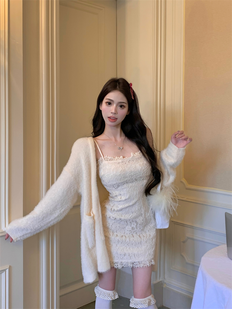 實拍 秋冬純欲慵懶風溫柔氣質修身蕾絲吊帶裙開衫兩件套女