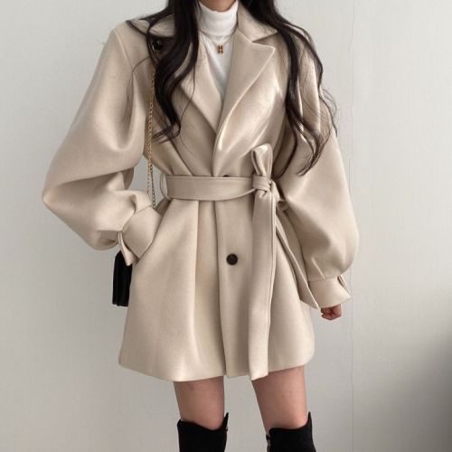 New Korean style autumn and winter wear with temperament, small suit collar, Hepburn style mid-length woolen coat for women
