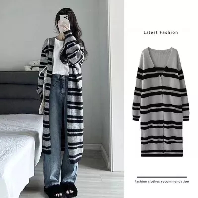 Autumn and winter large size contrasting striped mid-length sweater jacket for women gentle wind soft waxy knitted cardigan top