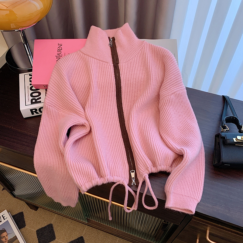 High collar design drawstring stand collar double zipper short sweater jacket autumn new knitted cardigan slimming top