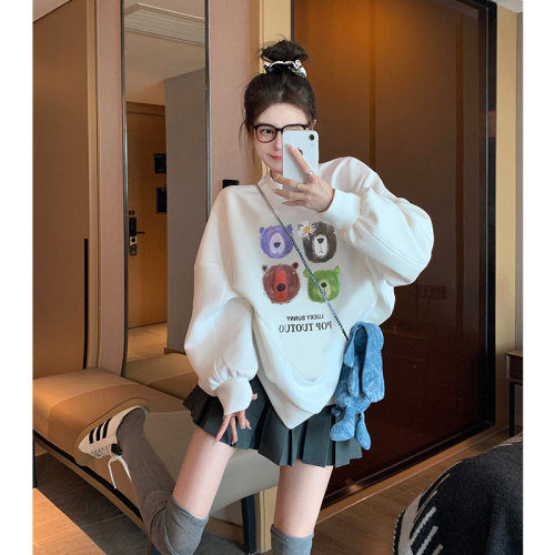 Official picture of white printed pullover sweatshirt for women in spring and autumn, stylish, age-reducing, high-end, chic, super good-looking and versatile top