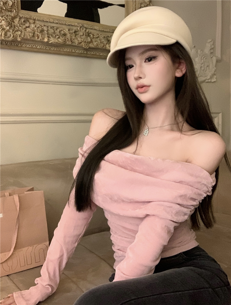 實拍~設計感一字肩長袖t恤女修身顯瘦打底衫上衣
