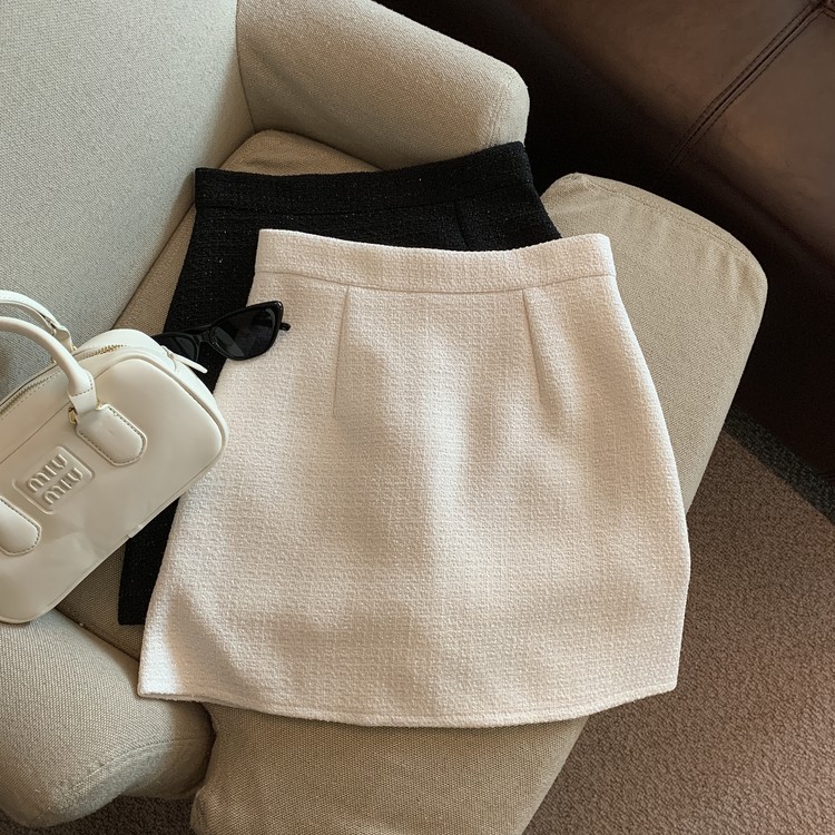 Real shot Autumn and winter temperament solid color high waist hip small fragrant skirt
