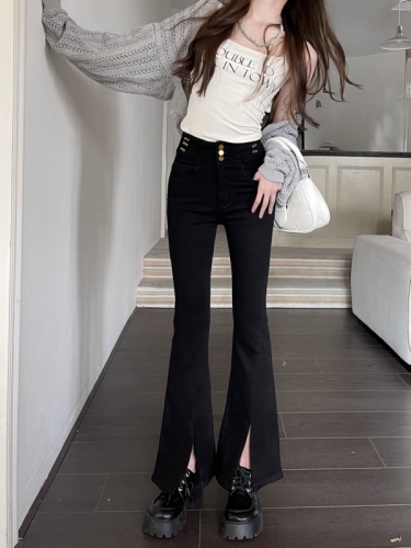 Actual shot #New high-waist stretch micro-flared denim trousers for women with design breasted slit pants