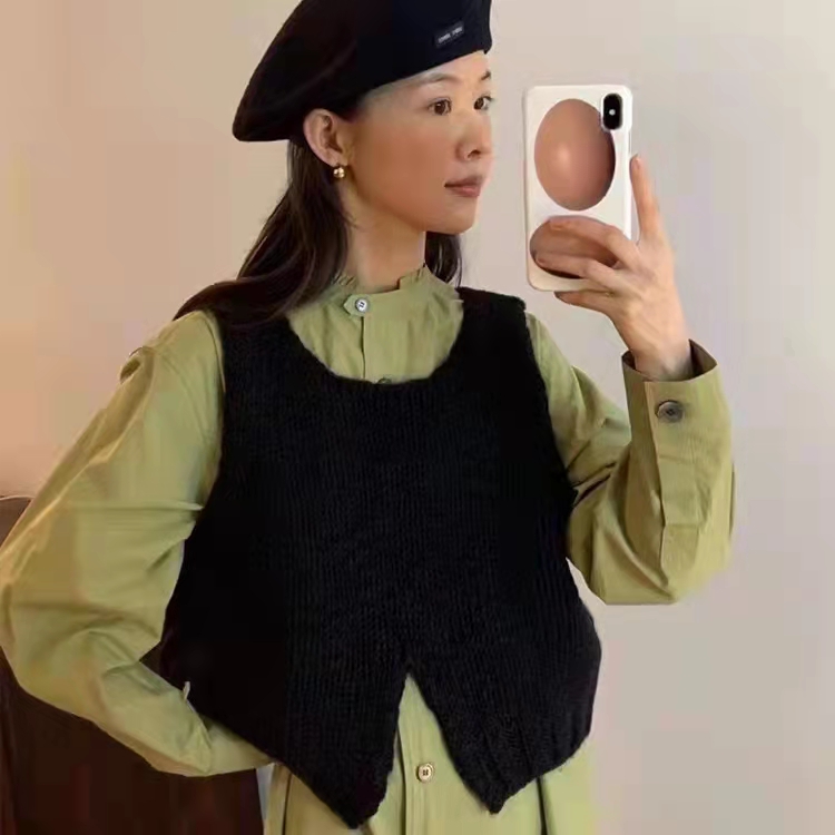 2023秋冬氣質韓版新款外穿百搭設計感小眾短款開叉修身針織馬甲女