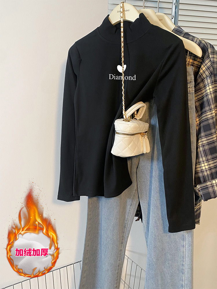 Real shot - Half turtleneck double-sided German velvet bottoming shirt for women in autumn and winter, long-sleeved T-shirt plus velvet thickened top