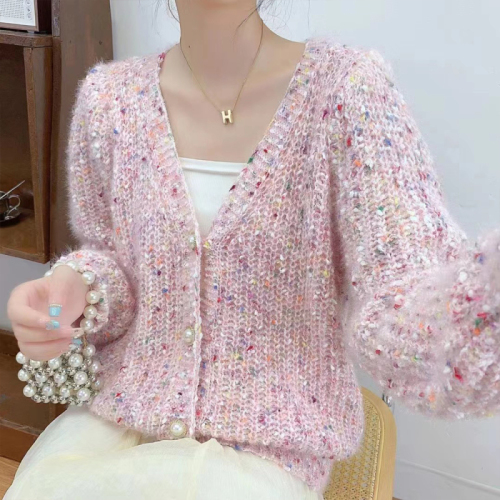 High-end pink thickened sweater cardigan coat for women winter 2023 new v-neck knitted loose short top