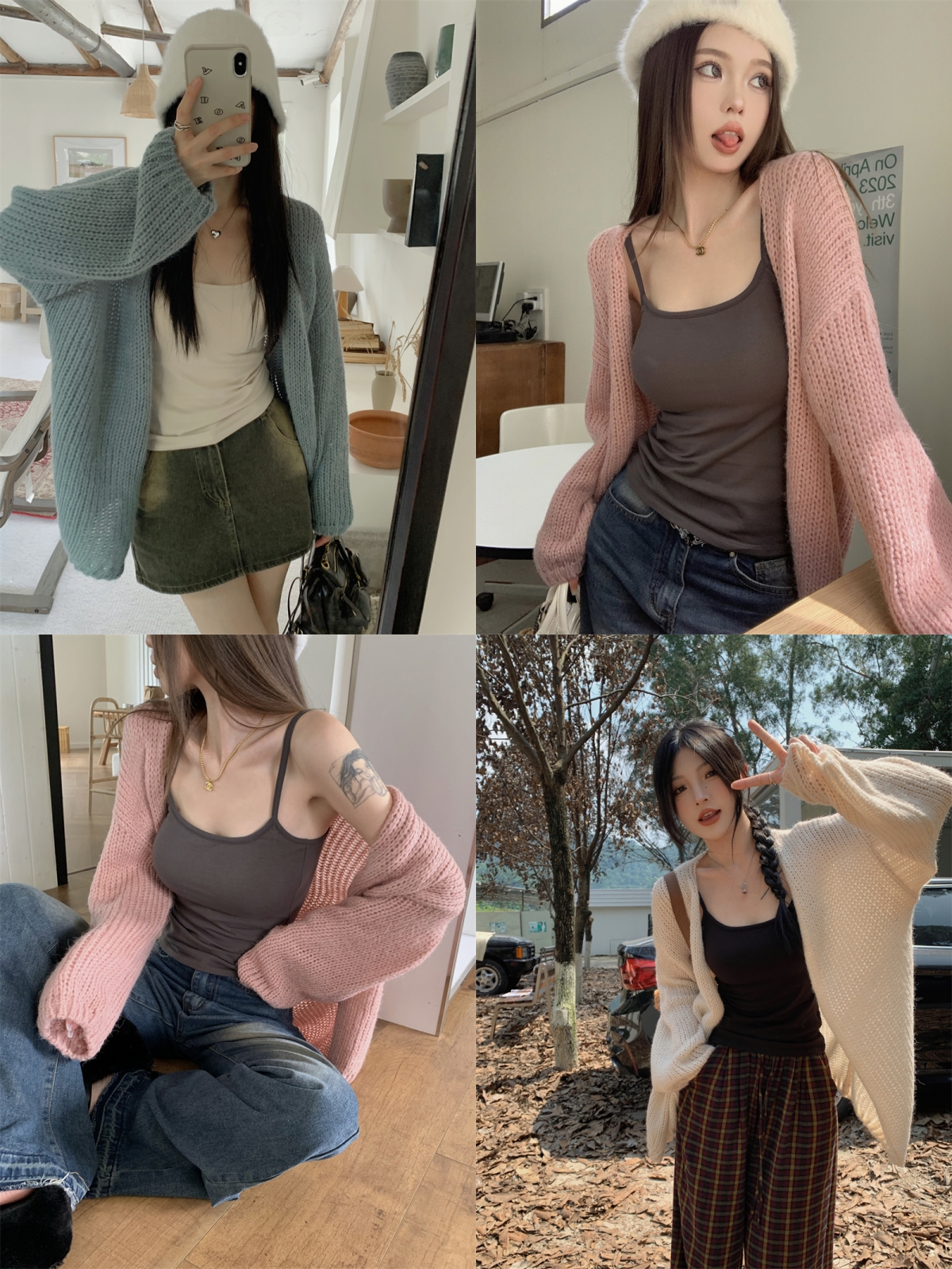 Real shot: French lazy style thick-knit retro sweater cardigan + solid color brushed chest pad with suspenders inside