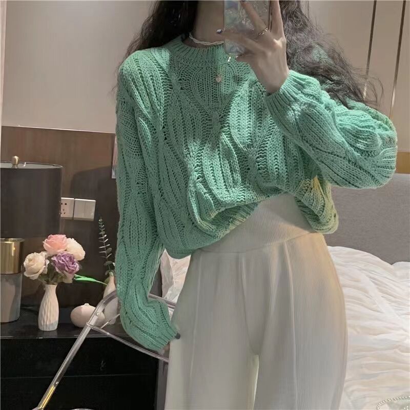 韓版麻花圓領毛衣女長袖百搭洋氣秋冬新款加厚短款寬鬆針織衫上衣