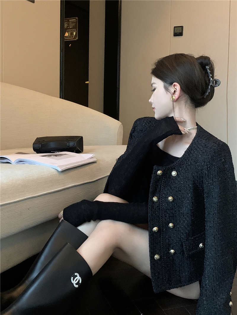 實拍秋裝復古小香風外套雙排扣氣質名媛呢子上衣有肩墊女