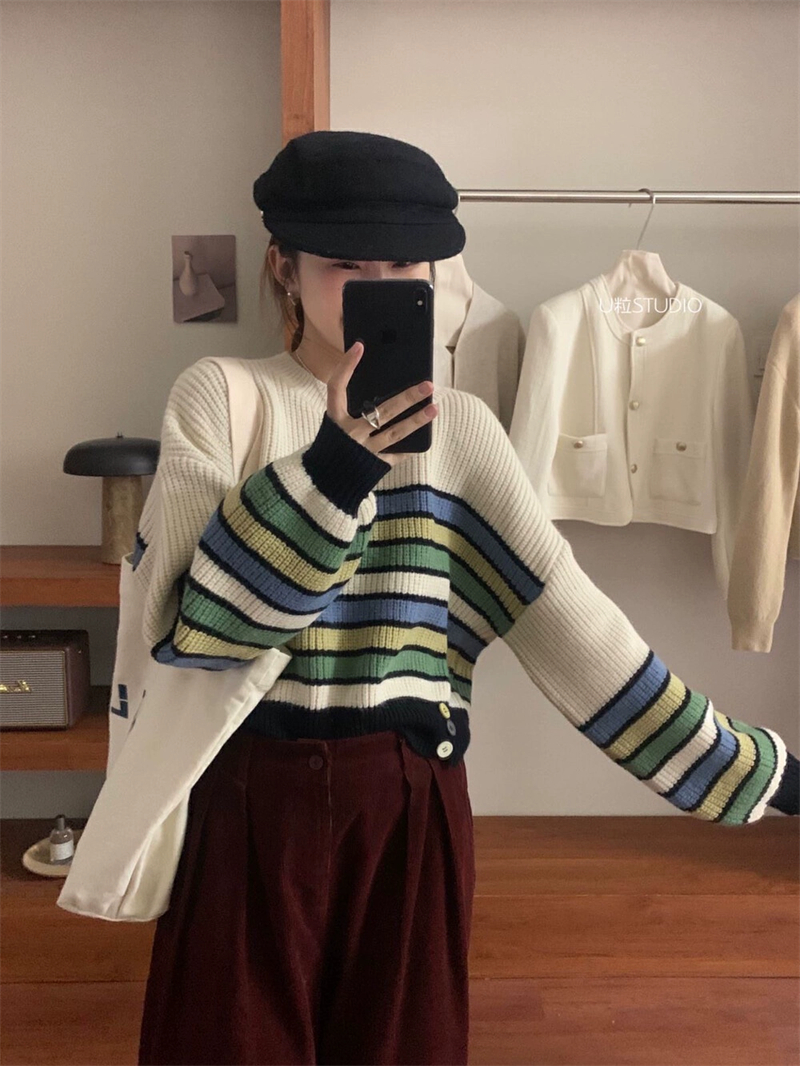 Korean style small fresh retro contrast striped sweater women's autumn and winter 2023 new loose round neck long-sleeved top