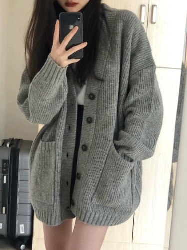 High-end gray lazy style knitted sweater coat cardigan for women  new spring and autumn mid-length top trendy