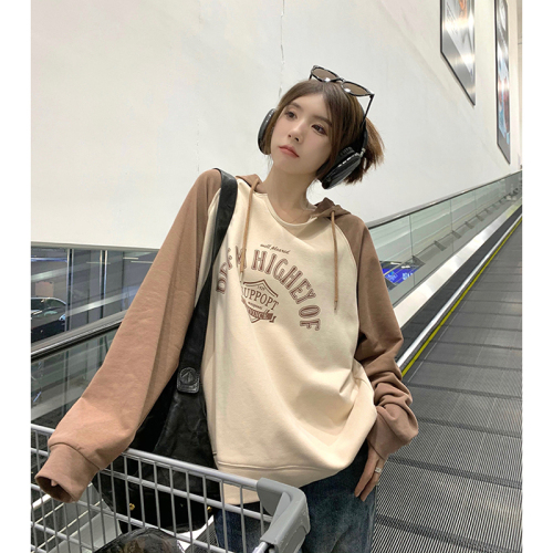 Official picture American retro print color-blocked long-sleeved sweatshirt women's autumn new loose hooded salt style fried street top