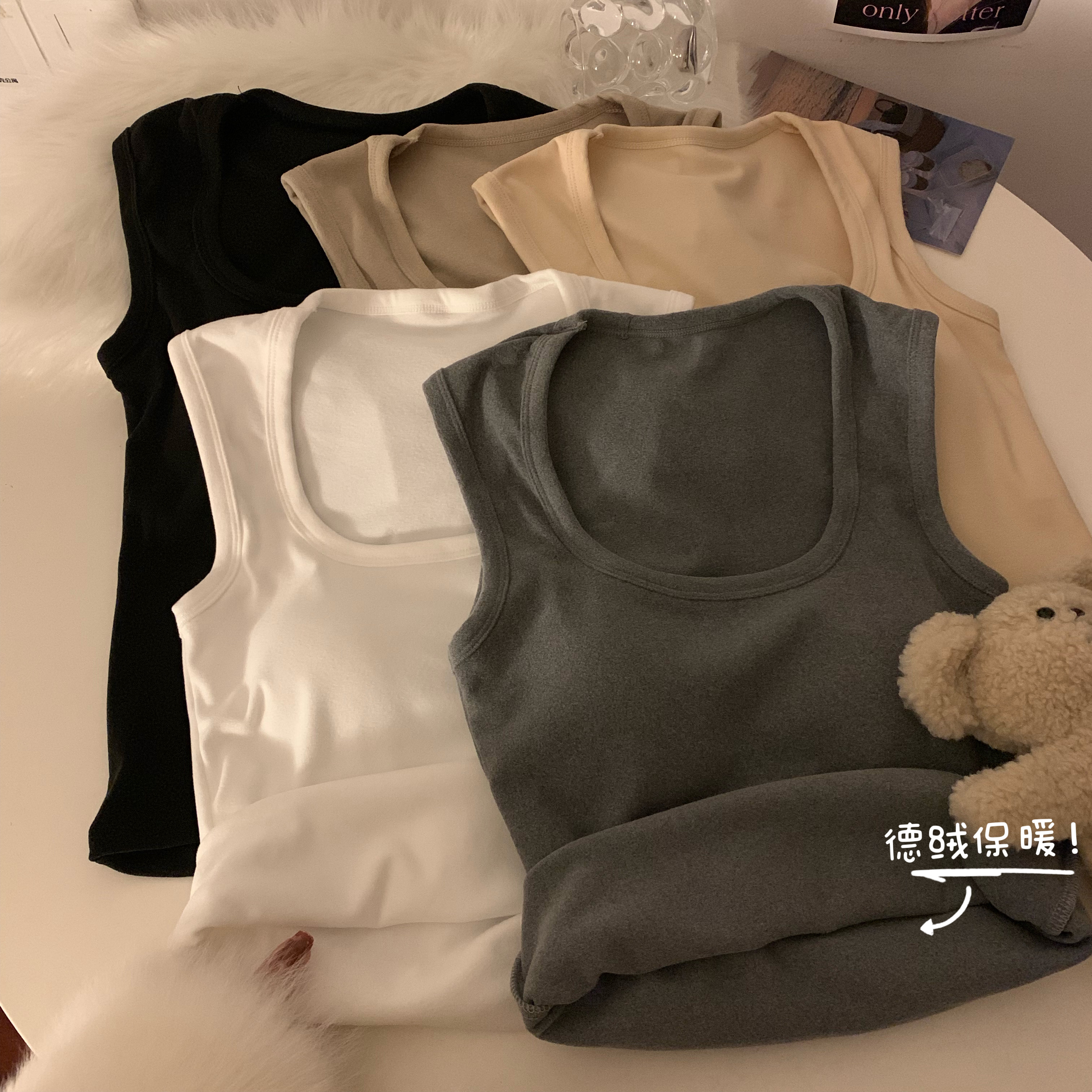 實拍加厚德絨自發熱吊帶背心帶胸墊秋冬美背修身內搭上衣外穿