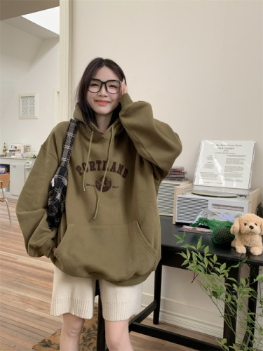 Real shot!  American retro mustard green hooded sweatshirt for women autumn and winter velvet thickened loose jacket