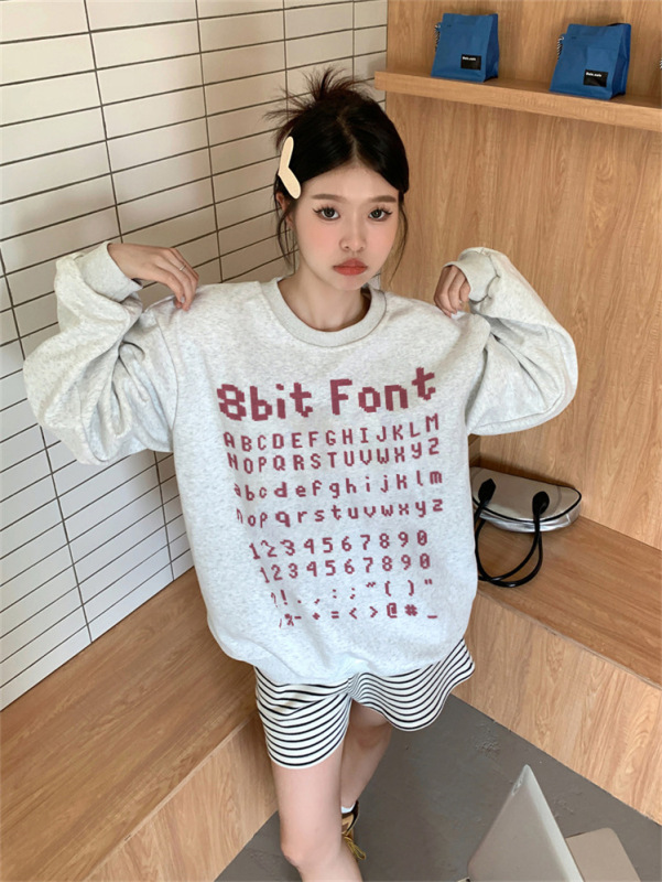Light gray round neck sweatshirt for women 2023 spring and autumn thin niche design loose American retro top for women