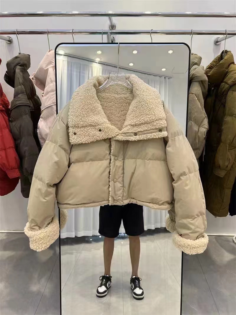 New Korean chic autumn and winter thickened reversible short stand-up collar lamb wool doll collar cotton jacket for women