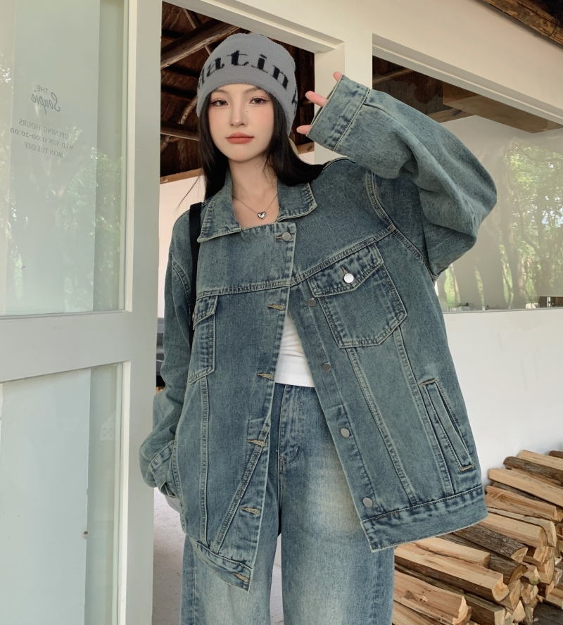 實拍~復古色牛仔外套女韓版寬鬆秋新韓系時髦上衣百搭牛仔衣