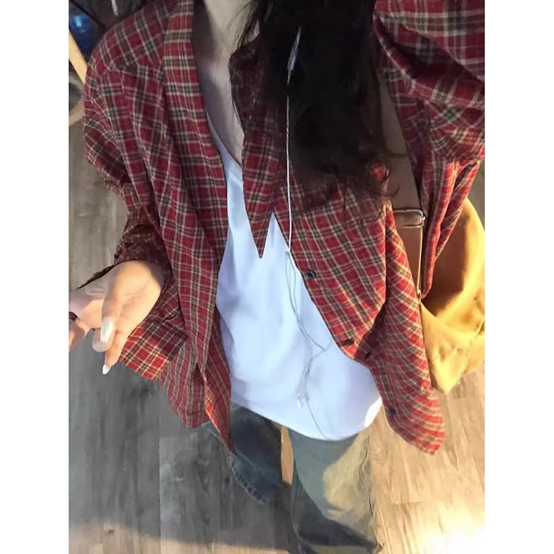 美式復古紅色格子長袖襯衫女春秋寬鬆慵懶風開衫外套女