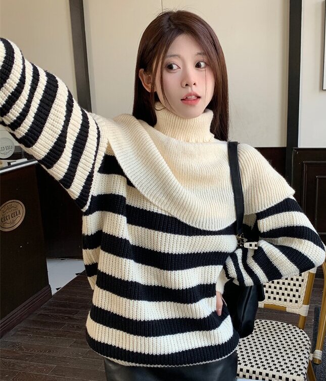 SKIRT 裙下之臣 寬鬆慵懶設計感高領圍脖條紋毛衣針織上衣兩件套