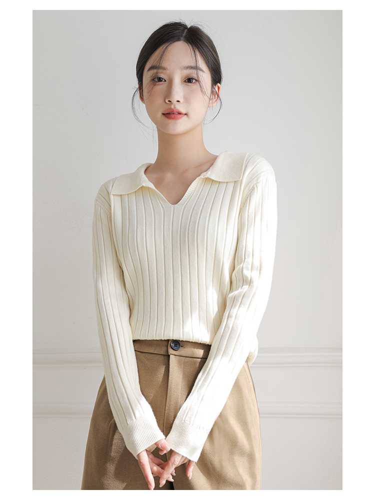 polo領毛衣女2023年秋季新品短款長袖內搭v領白色打底針織衫上衣