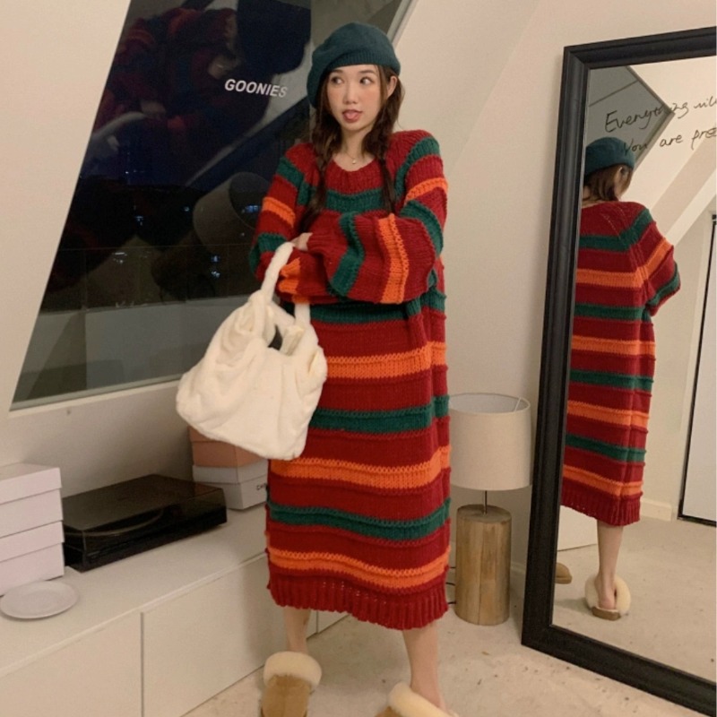慵懶風寬鬆條紋連衣裙秋冬網紅chic套頭加厚毛衣裙女保暖針織上衣