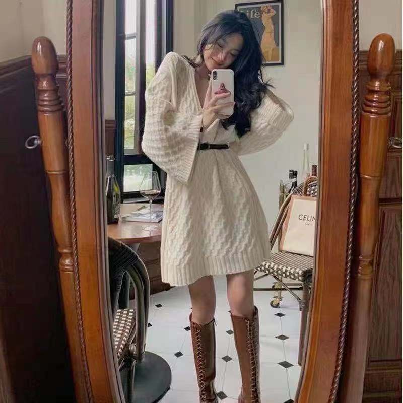 加厚羊毛慵懶風v領針織上衣套頭寬鬆外穿中長款韓系毛衣裙女秋冬
