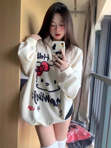 National trend oversize white hooded sweatshirt for women spring and autumn American Hello Kitty chic Hong Kong style retro lazy jacket